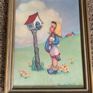 Vintage Framed Phoebe MacDonald "Little Girl Talking to Bird" Print